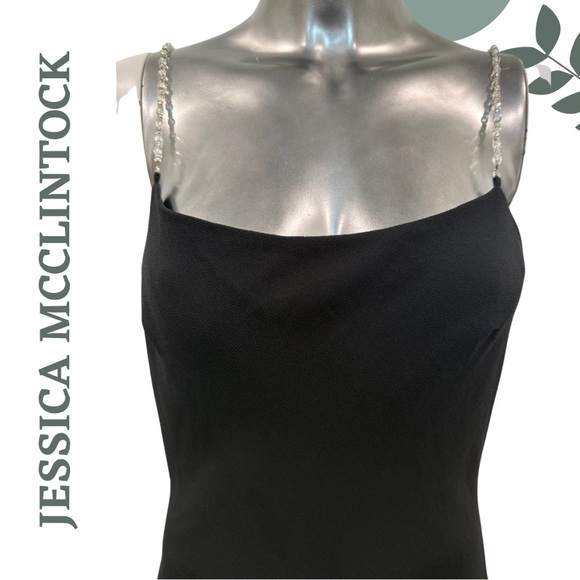 Jessica McClintock Black Evening Slip Dress w/ Crystal Beaded Straps - Size 10 - Picture 4 of 7